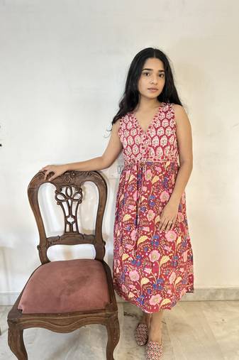 Red cotton block printed dress