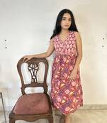 Red cotton block printed dress