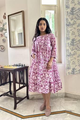 Pink cotton block printed dress