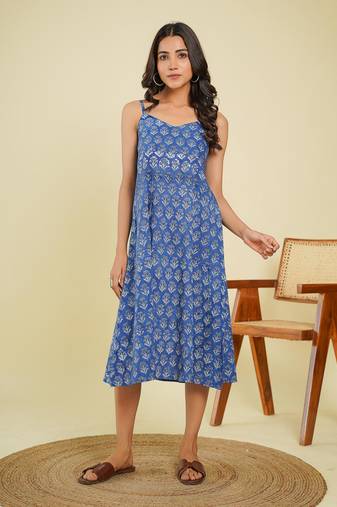 Blue cotton block printed dress