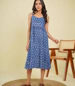 Blue cotton block printed dress