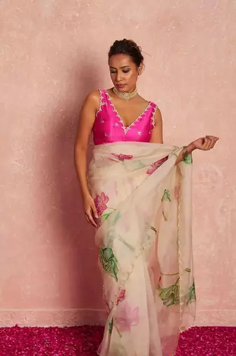 White soft tabby organza flower print with handwork saree with unstitched blouse