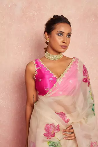 White soft tabby organza flower print with handwork saree with unstitched blouse