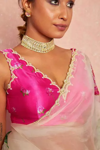 White soft tabby organza flower print with handwork saree with unstitched blouse
