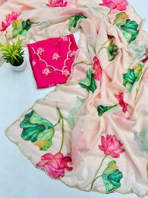 White soft tabby organza flower print with handwork saree with unstitched blouse 5