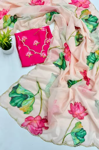 White soft tabby organza flower print with handwork saree with unstitched blouse