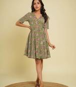 Green cotton block printed dress