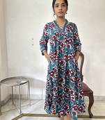 Turquoise cotton block printed dress