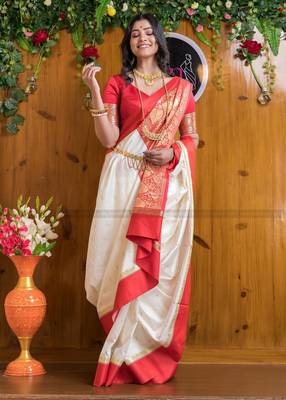 White Silk Blend Woven Bangali Style Saree 1