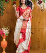 White Silk Blend Woven Bangali Style Saree