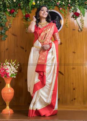 White Silk Blend Woven Bangali Style Saree 5