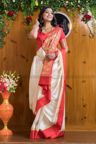 White Silk Blend Woven Bangali Style Saree