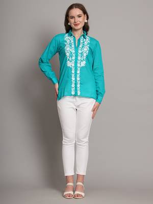 Green hand embroided mulmul cotton chikankari shirt 1