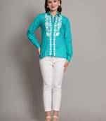 Green hand embroided mulmul cotton chikankari shirt