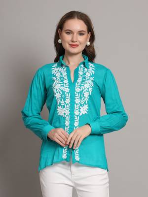 Green hand embroided mulmul cotton chikankari shirt 2