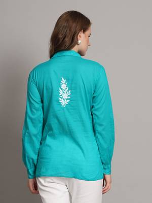 Green hand embroided mulmul cotton chikankari shirt 3