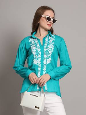 Green hand embroided mulmul cotton chikankari shirt 4