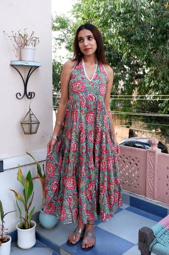 Green cotton block printed dress