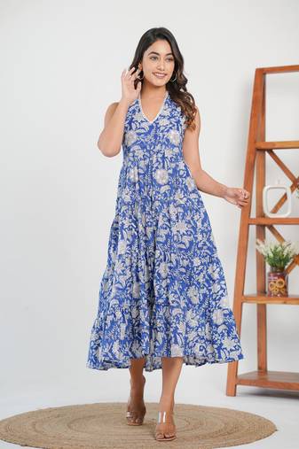 Royal blue cotton block printed dress