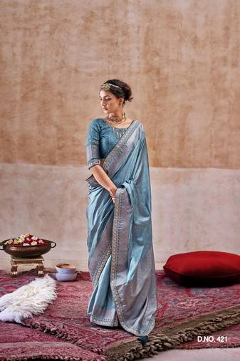 Light teal all over weaving satin silk saree with designer blouse