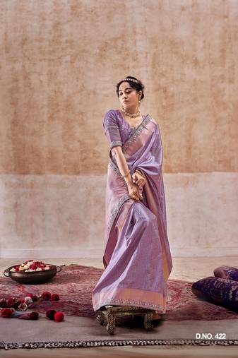 Light lavender all over weaving satin silk saree with designer blouse