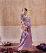 Light lavender all over weaving satin silk blend saree with designer blouse