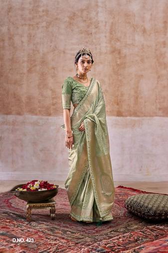 Green all over weaving satin silk saree with designer blouse