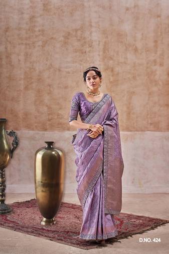Lavender all over weaving satin silk saree with designer blouse