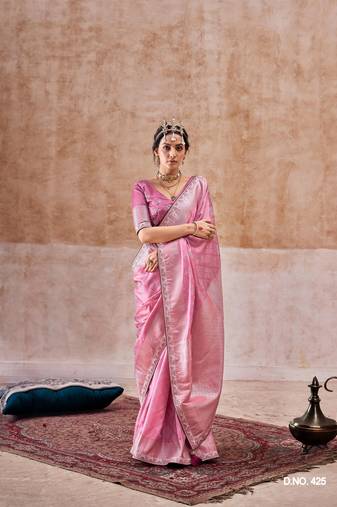 Pink all over weaving satin silk saree with designer blouse