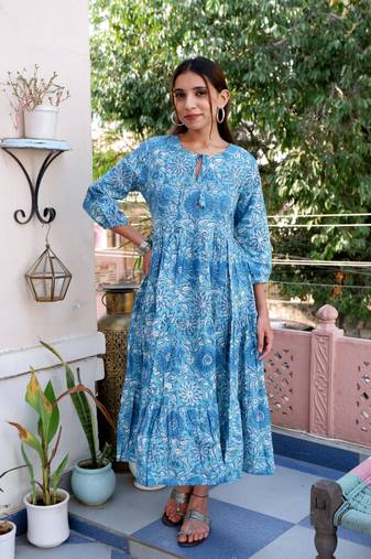Blue cotton block printed dress
