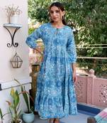 Blue cotton block printed dress
