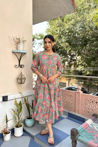 Green cotton block printed dress
