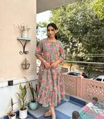 Green cotton block printed dress
