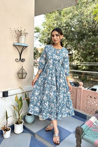 Grey cotton block printed dress