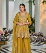 Yellow premium embroidered chinon silk stitched salwar suit
