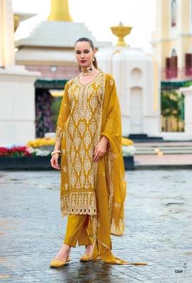 Yellow premium embroidered chinon silk stitched salwar suit 1