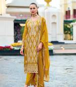 Yellow premium embroidered chinon silk stitched salwar suit