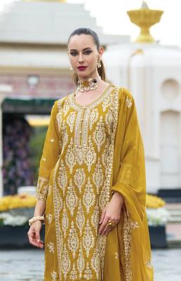 Yellow premium embroidered chinon silk stitched salwar suit 2