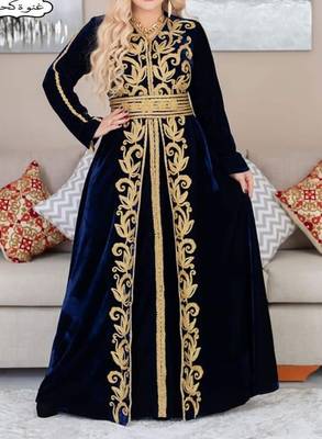 Navy Blue Velvet Kaftan with Golden Aari Embroidery 1
