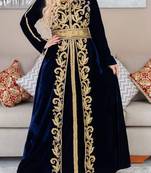 Navy Blue Velvet Kaftan with Golden Aari Embroidery