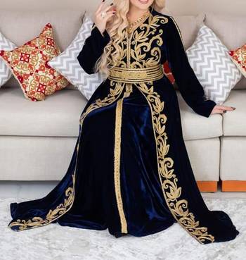 Navy Blue Velvet Kaftan with Golden Aari Embroidery 2