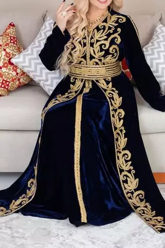Navy Blue Velvet Kaftan with Golden Aari Embroidery