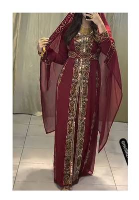 Grand Maroon Maroon Kaftan Gown with Heavy Gold Zari Work & Hijab | Luxury Event Dress 1