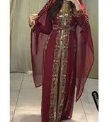 Grand Maroon Maroon Kaftan Gown with Heavy Gold Zari Work & Hijab | Luxury Event Dress