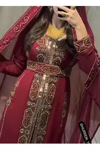 Grand Maroon Maroon Kaftan Gown with Heavy Gold Zari Work & Hijab | Luxury Event Dress