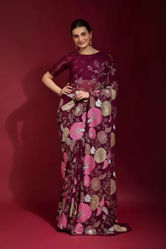 Georgette floral sequence work saree