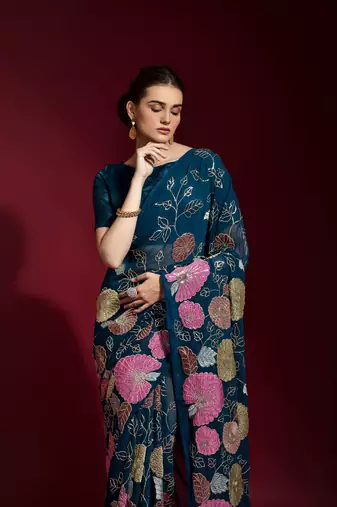 Georgette floral sequence work saree