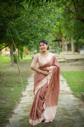Brown Arita checks threads weaving tussar silk border & pallu saree with Blouse