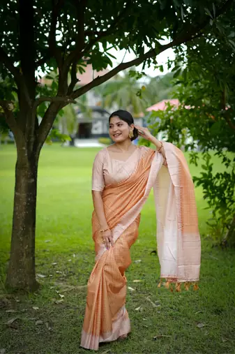 Orange Arita checks threads weaving tussar silk border & pallu saree with Blouse