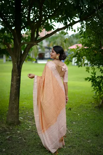 Orange Arita checks threads weaving tussar silk border & pallu saree with Blouse